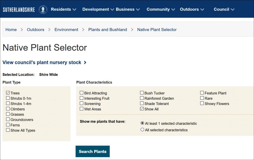 NSW Shutherland Shire Plant Selector