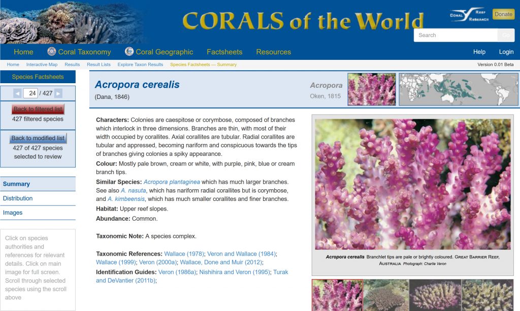 Corals of the World website, species fact sheet