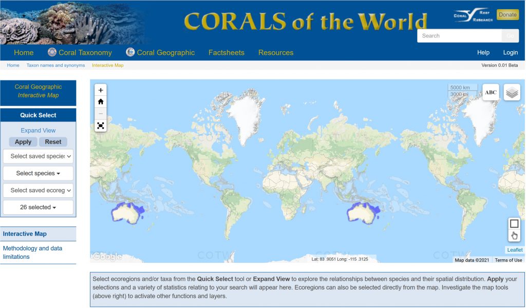 Corals of the World website, geographic regions
